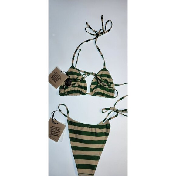 SAME LOS ANGELES Set 2pc Bikiny Swim Top Small Bottom High Weist Stripeed Green - Picture 6 of 10